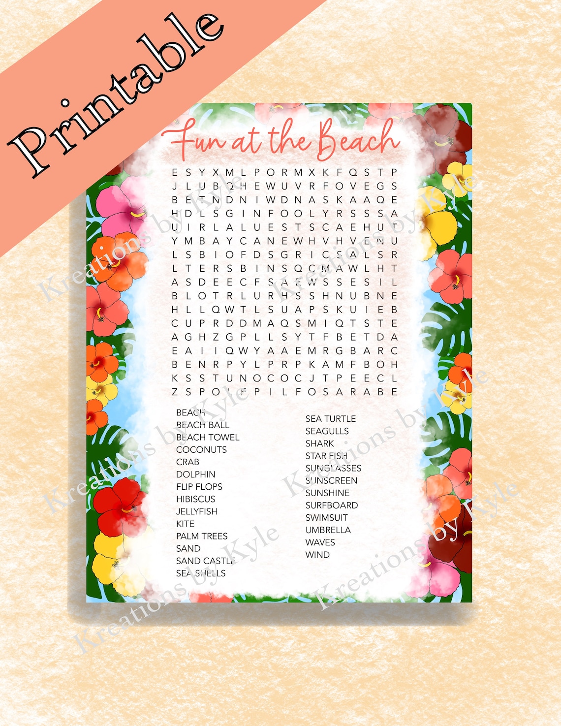 Beach Word Search Printable Summer Game Party Craft Tropical