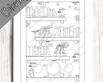 Mushroom Coloring Page PRINTABLE - Adult Coloring Page - Digital Coloring Page - Bookshelf Coloring Page - Plant Coloring Page