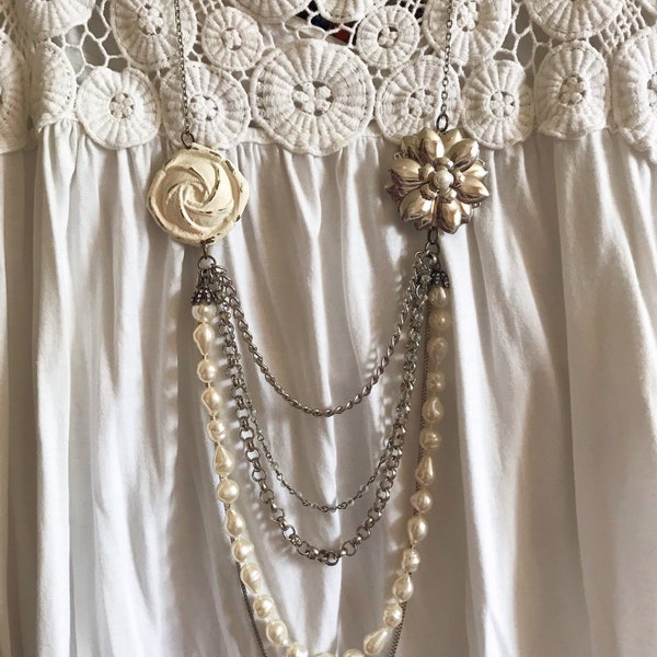 Multi-strand Layered Statement Necklace >> flower brooch shoe clip pearls silver chains repurposed jewelry neutrals silver pearls off white