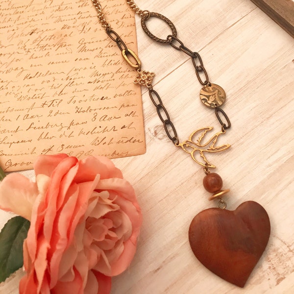 I Carry Your Heart ~ vintage wood heart pendant bird necklace pearls shabby upcycled assemblage jewelry Valentines Day bespoke bohemian love