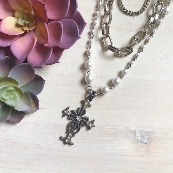 Layered Cross Statement Necklace >> pearls silver chains rhinestone cross upcycled repurposed assemblage gothic religious jewelry vintage