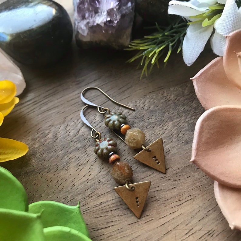 Stamped Bronze Triangle Czech Glass Beaded Earrings bohemian jewelry artisan jewelry fall earrings orange brown tribal gemstone jasper