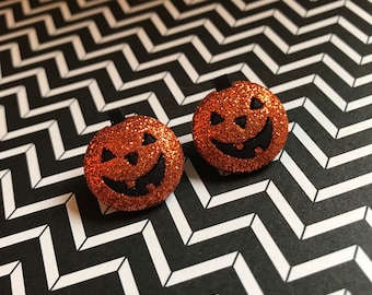 Glitter Jack-o-Lantern Earrings • Halloween earrings cute kitschy Halloween jewelry festive Holidays post back