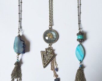 Trendy boho long necklaces layering necklace gemstone bohemian chic modern Agate tassel Druzy arrow tribal seashell summer fashion turquoise