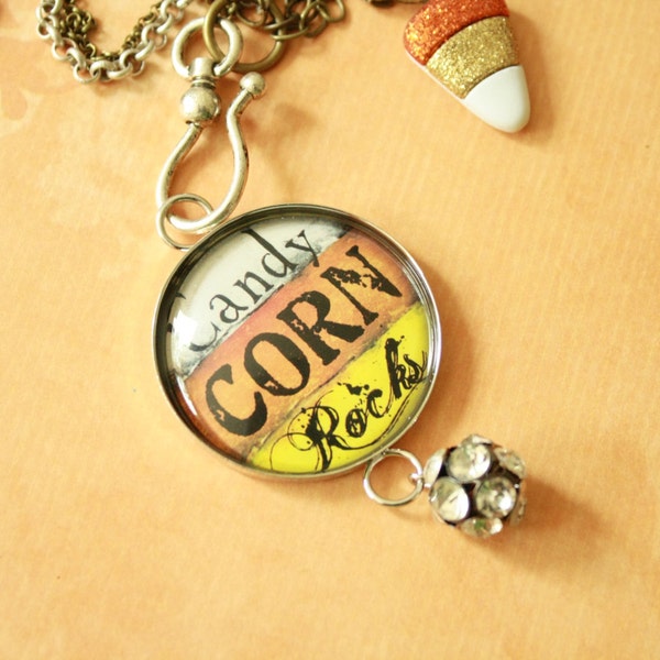 Halloween Necklace ~ Candy Corn Rocks pendant, candy corn necklace, Halloween jewelry, skull necklace, long necklace, layering necklace