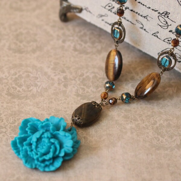 Turquoise Blue Resin Flower Necklace with Tiger's Eye and Glass Beads romantic bold jewelry florals nature gemstones shabby chic earth tones