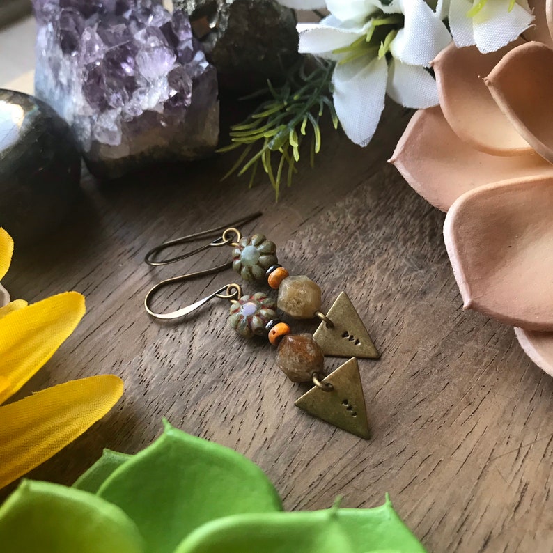 Stamped Bronze Triangle Czech Glass Beaded Earrings bohemian jewelry artisan jewelry fall earrings orange brown tribal gemstone jasper