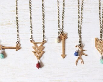 Trendy boho tribal gemstone necklaces<< gold plated layering necklace bohemian chic modern arrow chevron summer fashion turquoise lapis gift