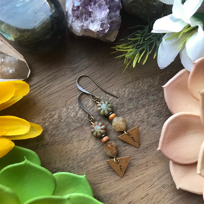 Stamped Bronze Triangle Czech Glass Beaded Earrings bohemian jewelry artisan jewelry fall earrings orange brown tribal gemstone jasper