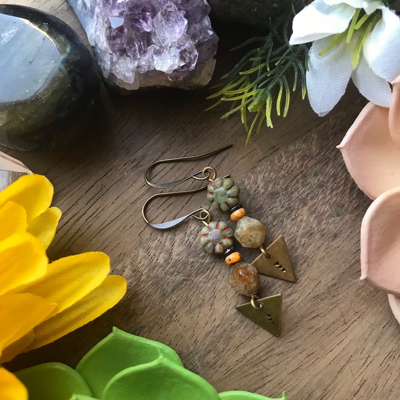 Stamped Bronze Triangle Czech Glass Beaded Earrings bohemian jewelry artisan jewelry fall earrings orange brown tribal gemstone jasper