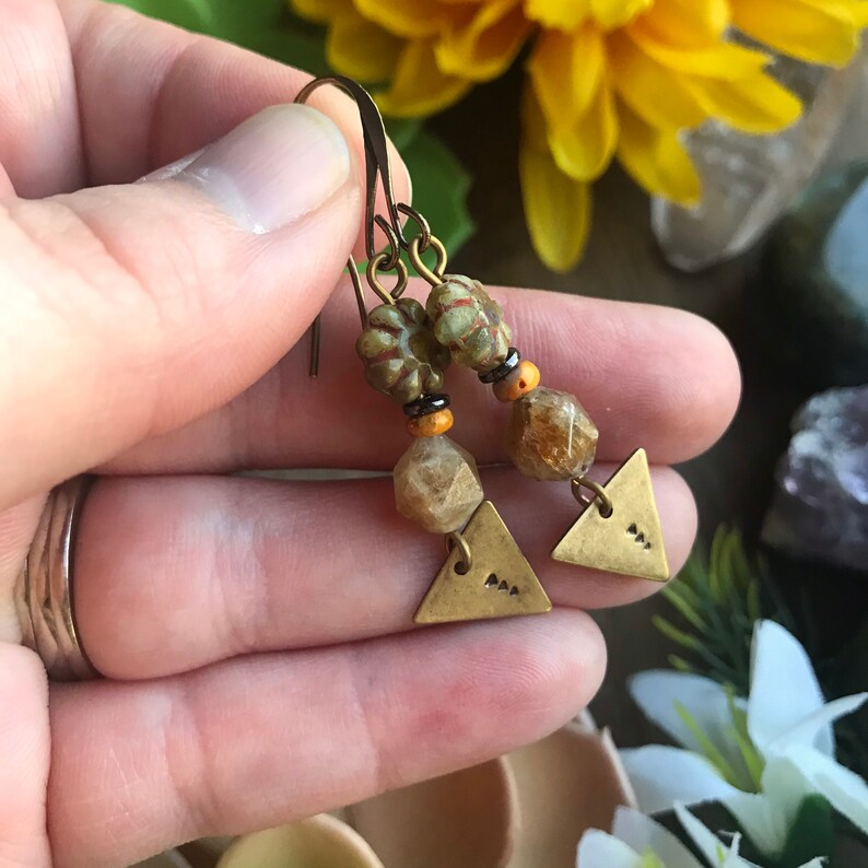 Stamped Bronze Triangle Czech Glass Beaded Earrings bohemian jewelry artisan jewelry fall earrings orange brown tribal gemstone jasper