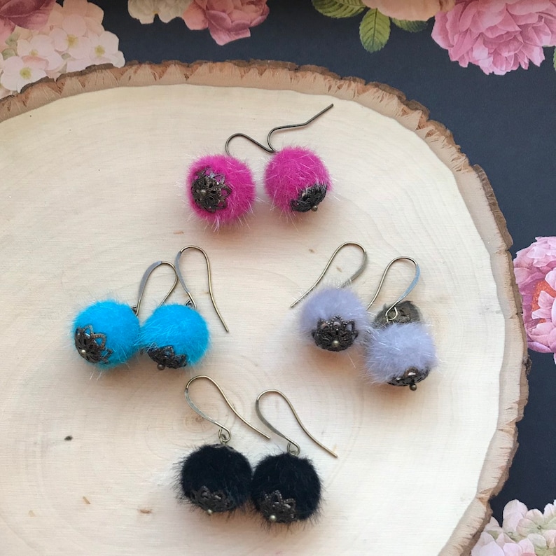 Fuzzy Ball Dangle Earrings Choose Your Color Boho Etsy