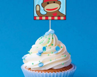 Sock Monkey DIGITAL Baby Shower Cupcake Topper | anderthalb Zoll im Quadrat | Quadratische Cupcake Toppers | 1 1/2" im Quadrat