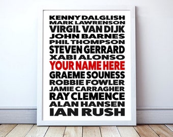 Liverpool Legends Poster - Typography | Unframed | Custom Soccer Print | Gift for Soccer Players | Soccer Gift | Soccer Player Art