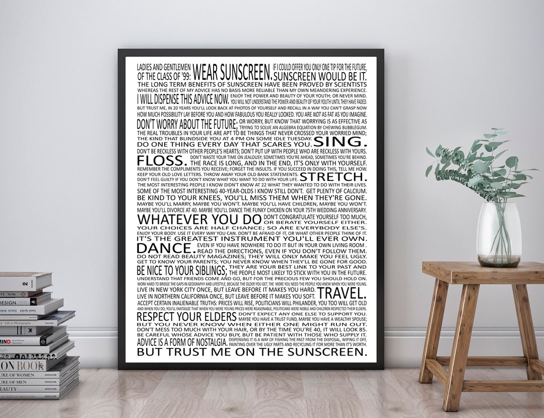 Wear Sunscreen Baz Luhrmann Song Lyrics Poster Print Unframed Wear Sunscreen Baz Luhrmann Song Lyrics Poster Print Unframed