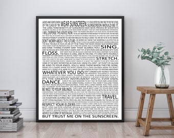 Wear Sunscreen -  Baz Luhrmann Song Lyrics Poster Print | Unframed | Life Advice | Inspirational Art