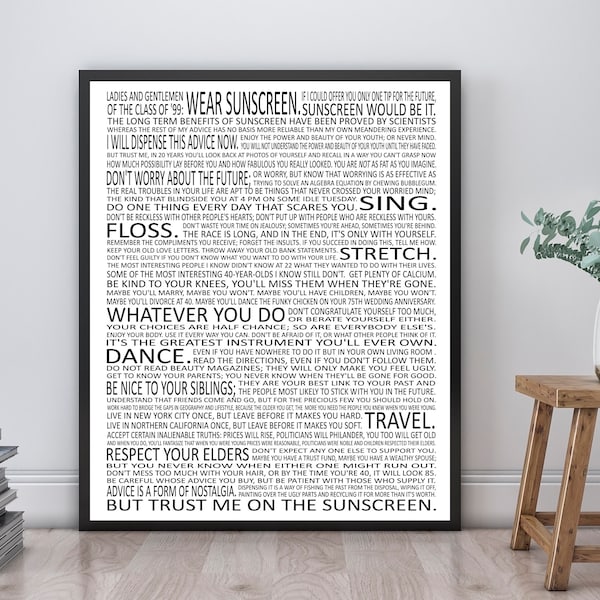 Wear Sunscreen -  Baz Luhrmann Song Lyrics Poster Print | Unframed | Life Advice | Inspirational Art