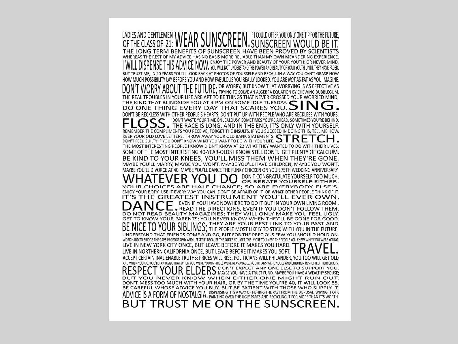 Wear Sunscreen Baz Luhrmann Song Lyrics Life Advice Etsy Wear Sunscreen Baz Luhrmann Song Lyrics Life Advice Etsy