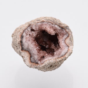 May include: A geode with a rough, brown exterior and a hollow interior lined with pink and white crystals.