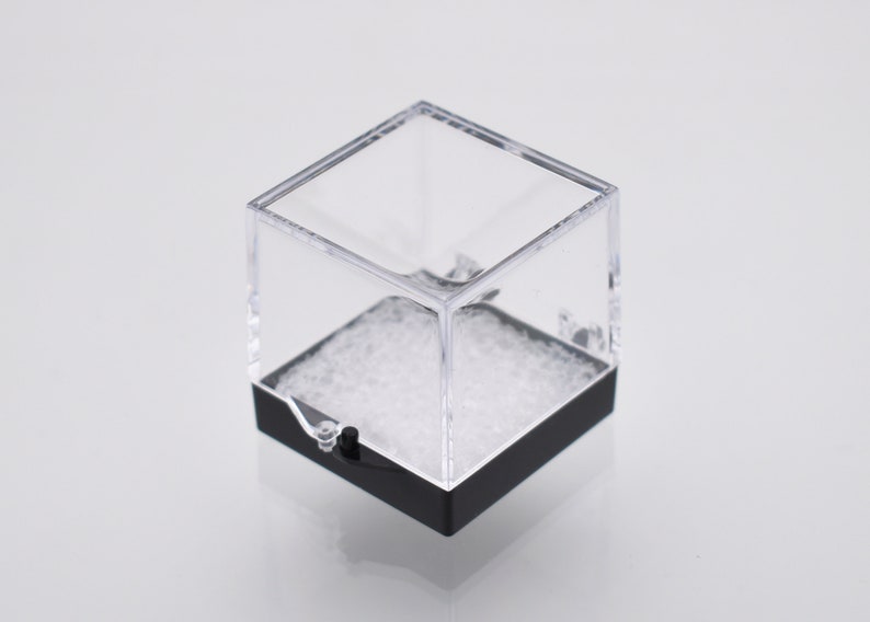 May include: A clear plastic cube display box with a black base. The box is filled with white packing peanuts.