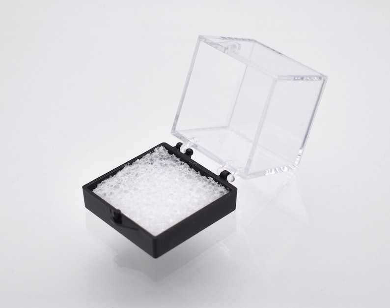 May include: A small, clear plastic box with a black foam insert. The box is open and the lid is off.