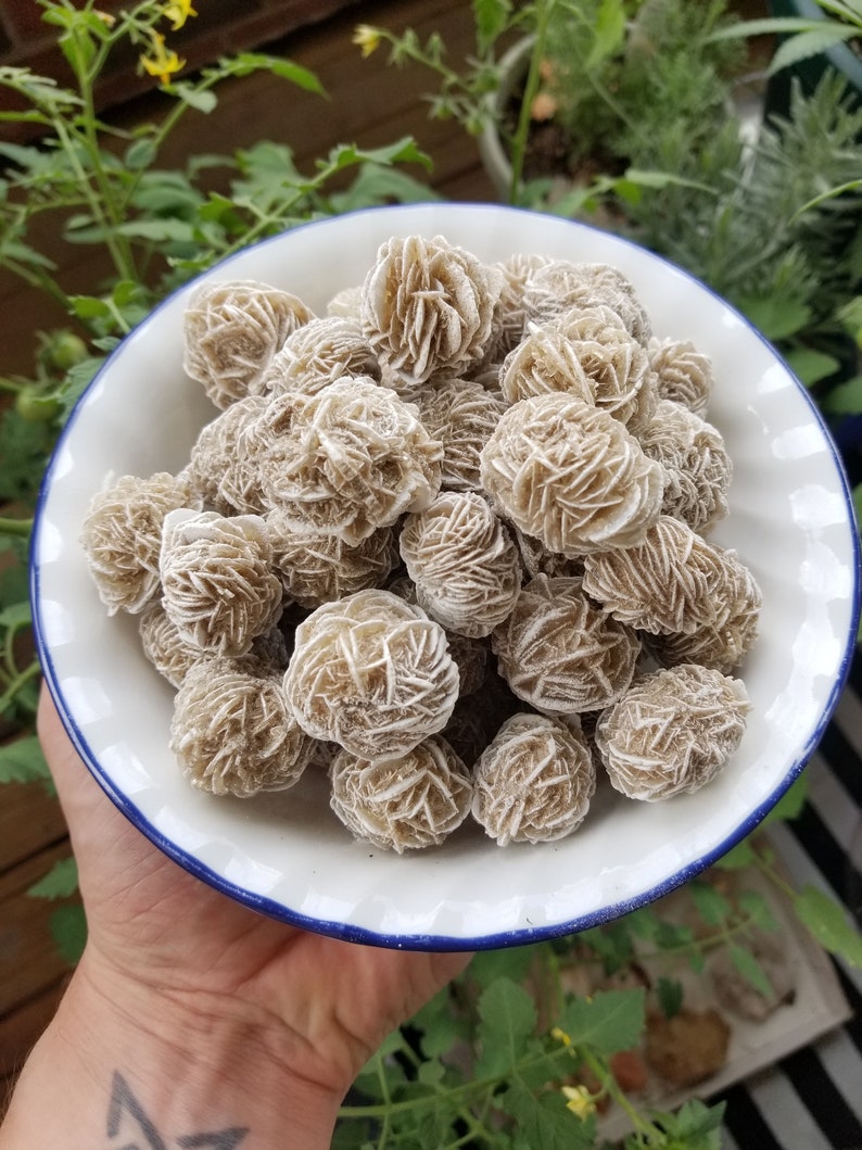 May include: A white ceramic bowl with a blue rim filled with a collection of tan-colored rose quartz crystals.