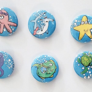 Cute Six Seacreature Pin Back Button Set
