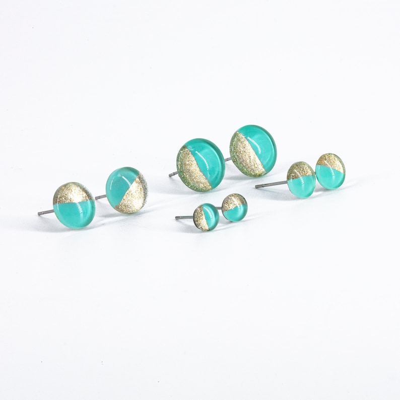 Stud earrings Mint gold  , small stud earring, tiny stud earring, glass stud earring, , titanium stud earring, resin earring 
