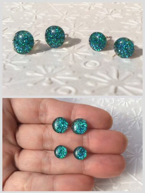 Round Teal Glitter Stud Earrings Teal Glass Stud Earrings Etsy