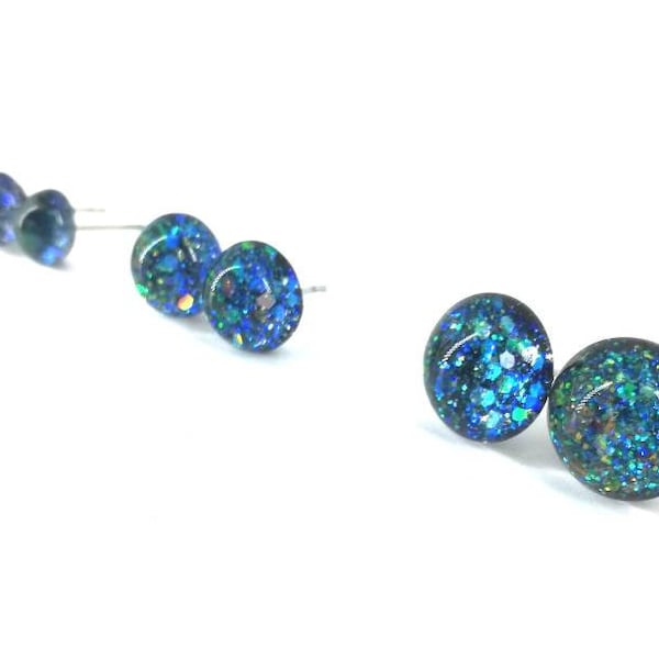 Glitter Resin Stud Earrings, Aurora Borealis Sparkle, Hypoallergenic surgical steel