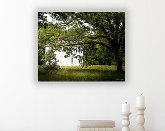 Memory House on 16 x 20 Canvas, White School House in a Clearing, Old White House Landscape Canvas