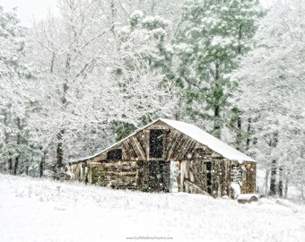 Rustic Winter Barn Wall Decor, Weathered Barn in Snow Landscape, Farmhouse Wall Decor