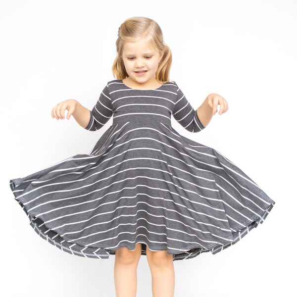 Charcoal Gray with White Stripes Twirl Dress - Gift for Girls - Circle Skirt - Ballet Neckline