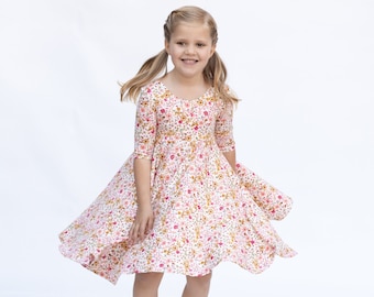 Pink and Gold Mini Floral Twirl Dress - Gift for Girls - Circle Skirt - Ballet Neckline