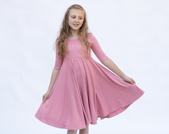 Solid Pink Ribbed Knit Twirl Dress - Gift for Girls - Circle Skirt - Ballet Neckline