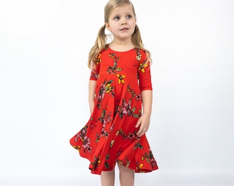 Red Floral Twirly Dress - Gift for Girls - Circle Skirt - Ballet Neckline