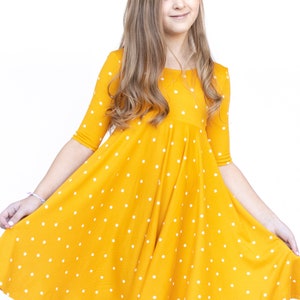 Mustard with Stars Twirly Dress Gift for Girls Circle Skirt Ballet Neckline image 5