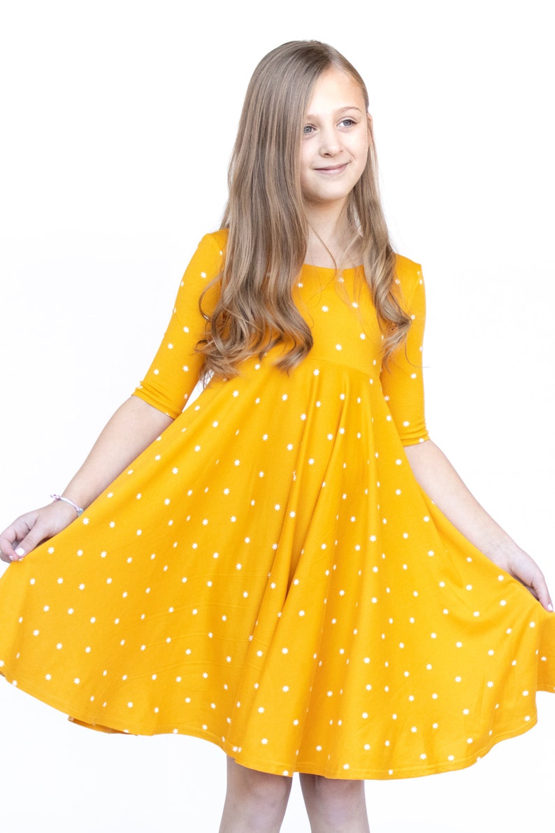 Mustard with Stars Twirly Dress Gift for Girls Circle Skirt Ballet Neckline image 5