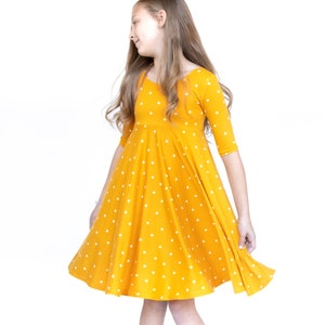 Mustard with Stars Twirly Dress Gift for Girls Circle Skirt Ballet Neckline image 4