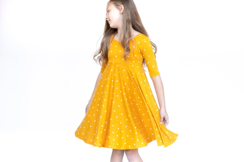 Mustard with Stars Twirly Dress Gift for Girls Circle Skirt Ballet Neckline image 4