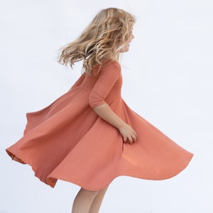 Solid Rust Ribbed Knit Twirl Dress - Gift for Girls - Circle Skirt - Ballet Neckline