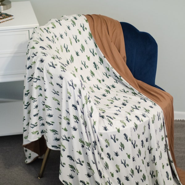 Super Soft Stretchy Oversized Throw Blanket - Cactus with Brown Backing