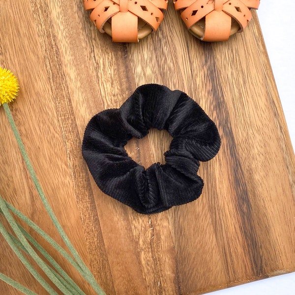 Solid Black Velvet Corduroy Scrunchie - Top Knot Hair Accessory