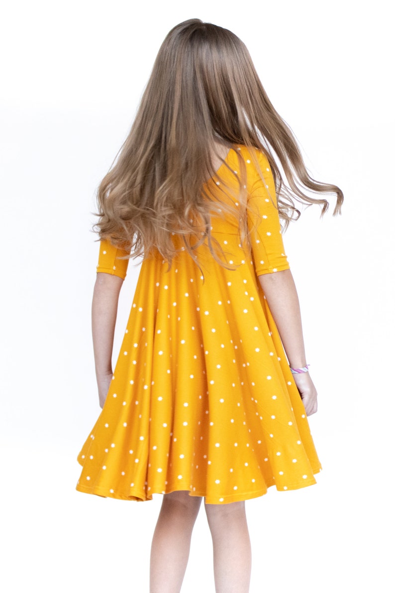 Mustard with Stars Twirly Dress Gift for Girls Circle Skirt Ballet Neckline image 7