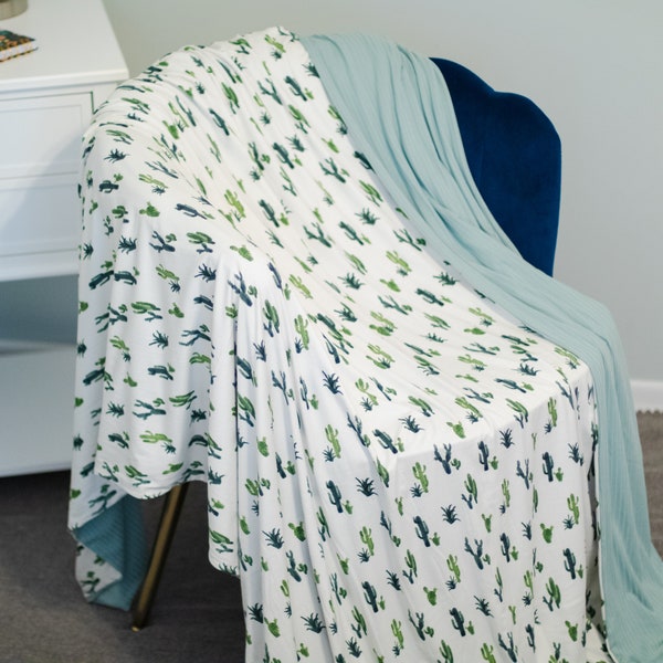 Super Soft Stretchy Oversized Throw Blanket - Cactus with Mint Green Rib Knit Back