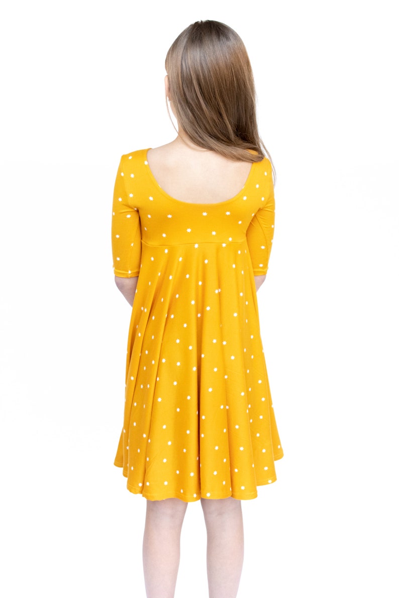 Mustard with Stars Twirly Dress Gift for Girls Circle Skirt Ballet Neckline image 8