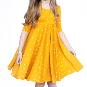 Mustard with Stars Twirly Dress Gift for Girls Circle Skirt Ballet Neckline image 2