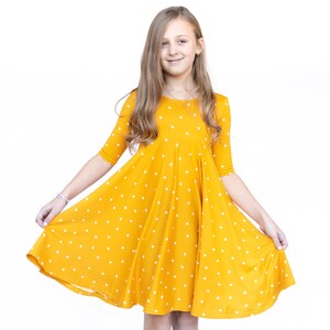 Mustard with Stars Twirly Dress Gift for Girls Circle Skirt Ballet Neckline image 1