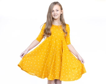 Mustard with Stars Twirly Dress - Gift for Girls - Circle Skirt - Ballet Neckline