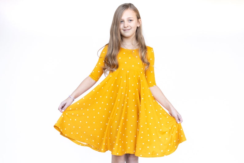 Mustard with Stars Twirly Dress Gift for Girls Circle Skirt Ballet Neckline image 1